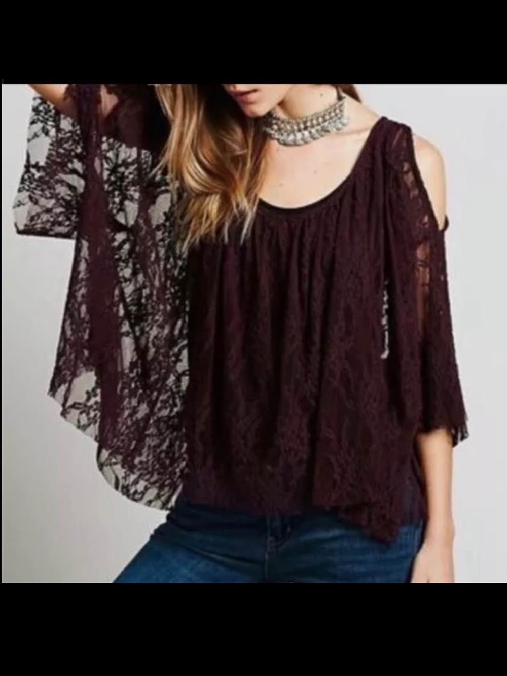 Free People Plum Lace Cold-Shoulder Blouse